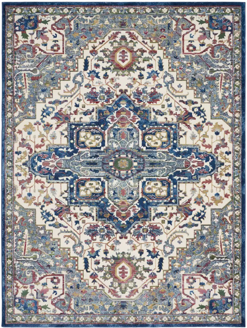 Navy Blue and Ivory Floral Medallion Distressed Non Skid Area Rug Photo 2