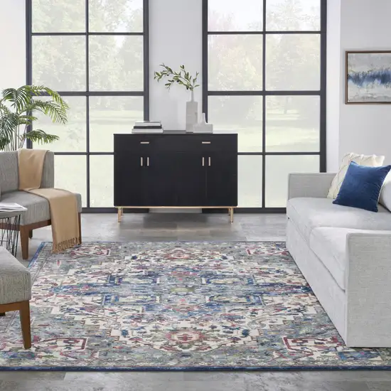 Navy Blue and Ivory Floral Medallion Distressed Non Skid Area Rug Photo 6