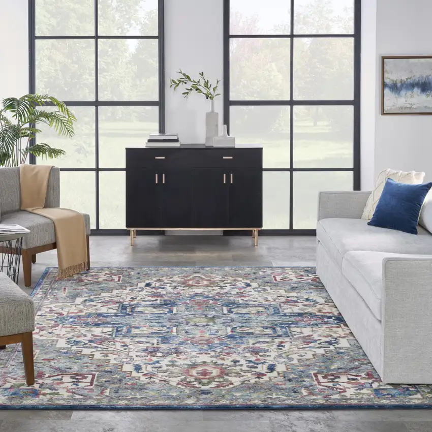 Navy Blue and Ivory Floral Medallion Distressed Non Skid Area Rug Photo 6