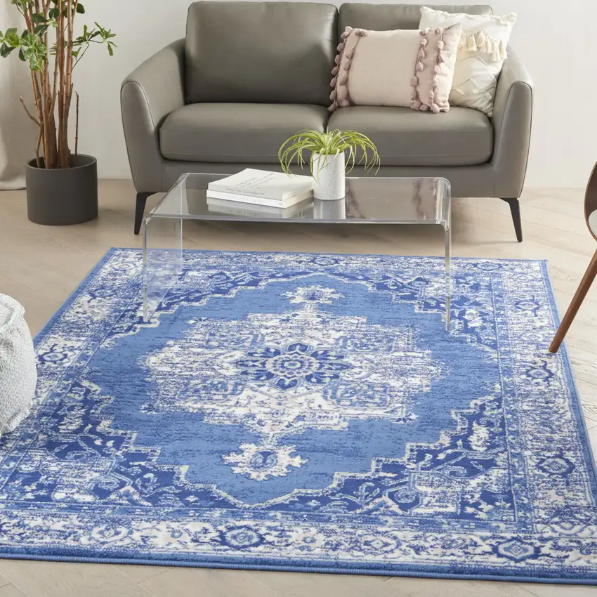 Ivory And Blue Medallion Area Rug Photo 4