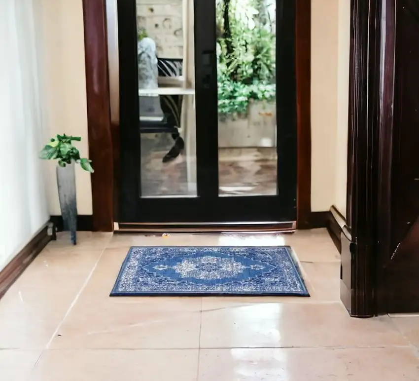 Navy Blue Floral Dhurrie Area Rug Photo 6