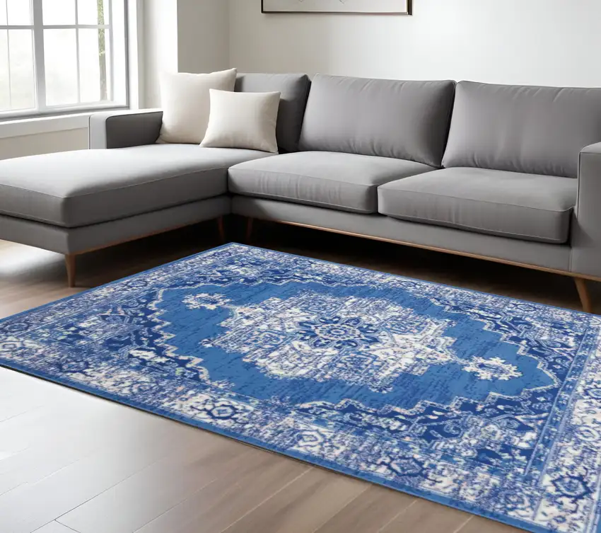Navy Blue And Ivory Floral Area Rug Photo 1