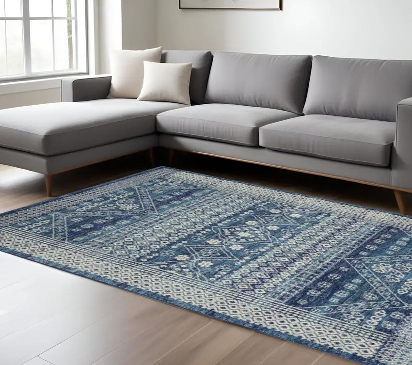 Navy Blue And Ivory Tribal Area Rug Photo 1
