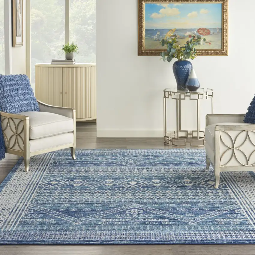 Navy Blue And Ivory Tribal Area Rug Photo 4