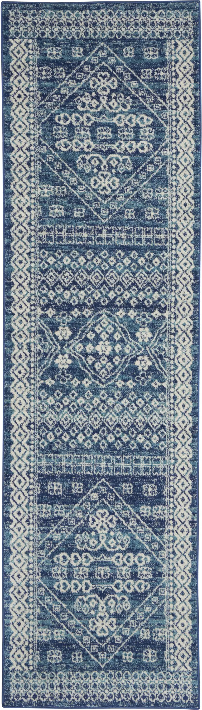 8' Navy Blue And Ivory Tribal Runner Rug Photo 1