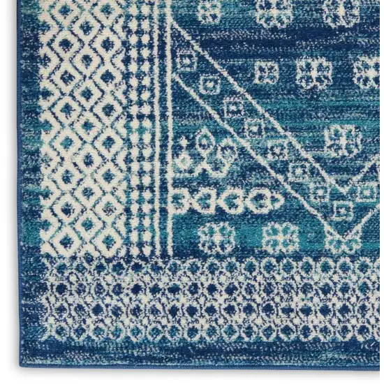 8' Navy Blue And Ivory Tribal Runner Rug Photo 8