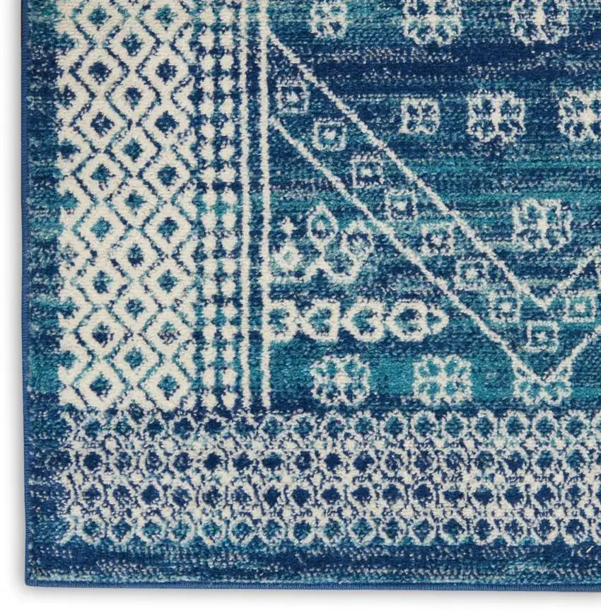 8' Navy Blue And Ivory Tribal Runner Rug Photo 8