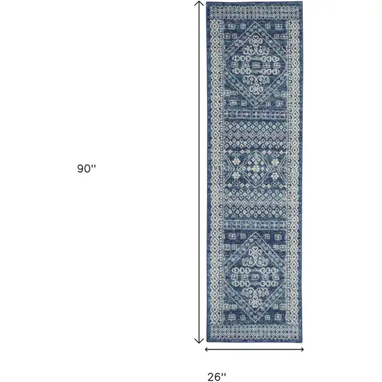 8' Navy Blue And Ivory Tribal Runner Rug Photo 3