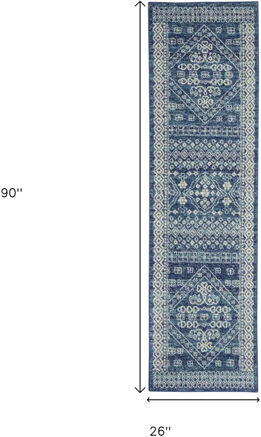 8' Navy Blue And Ivory Tribal Runner Rug Photo 3