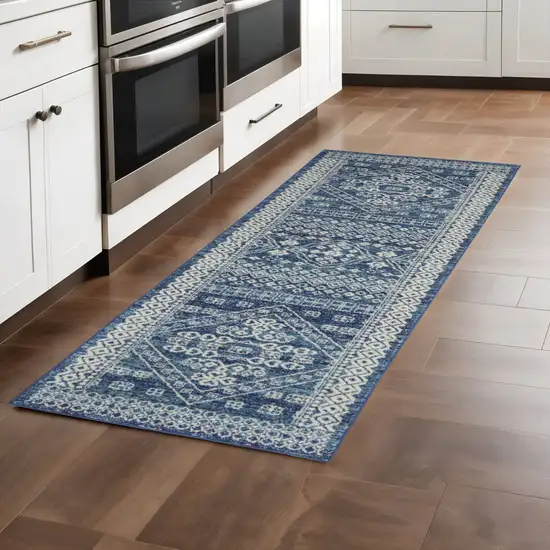 8' Navy Blue And Ivory Tribal Runner Rug Photo 1