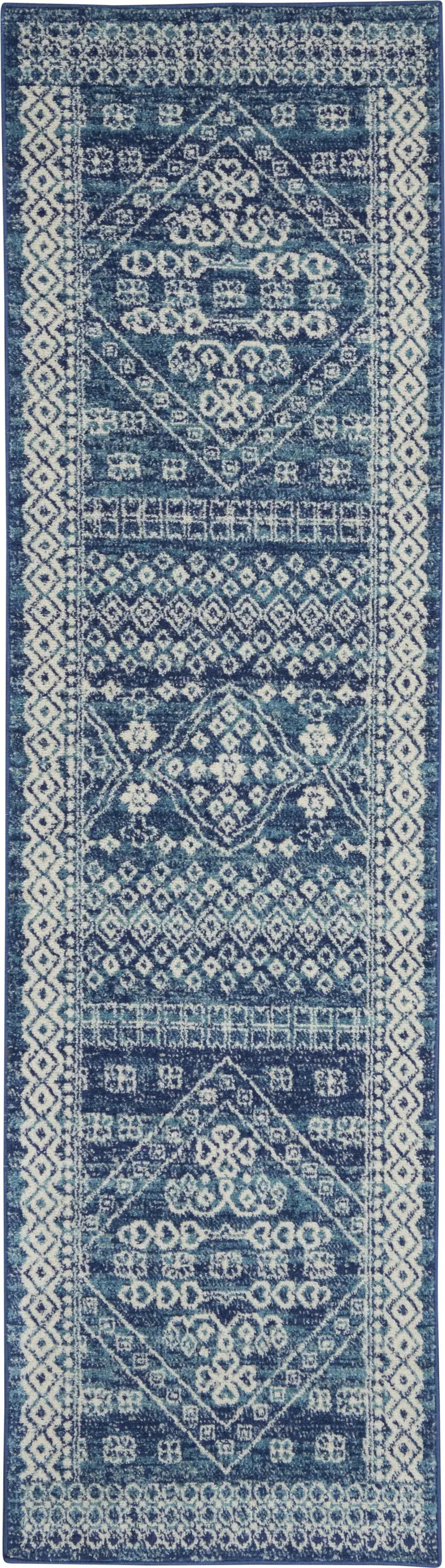 Navy Blue and Ivory Persian Motifs Runner Rug Photo 1
