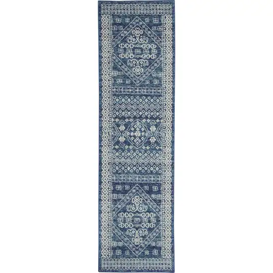 8' Navy Blue And Ivory Tribal Runner Rug Photo 9