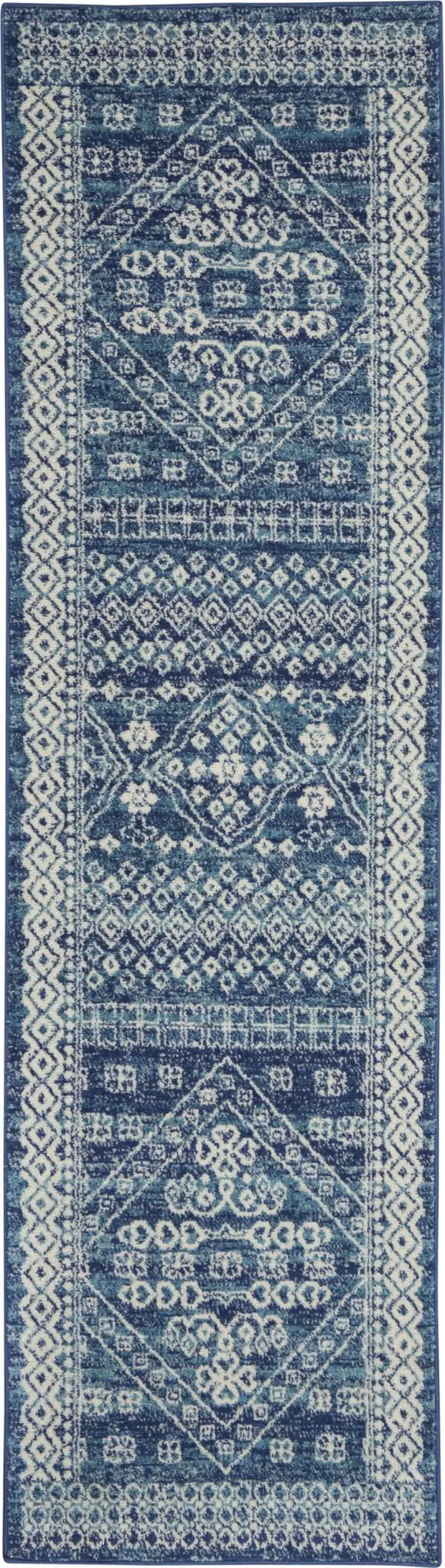 8' Navy Blue And Ivory Tribal Runner Rug Photo 9