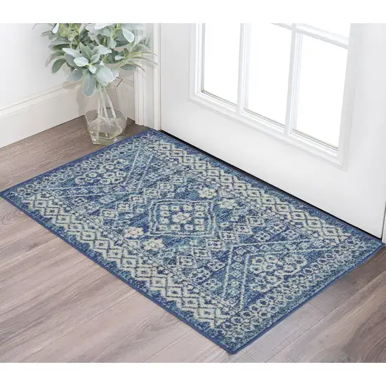 Navy Blue And Ivory Tribal Area Rug Photo 1