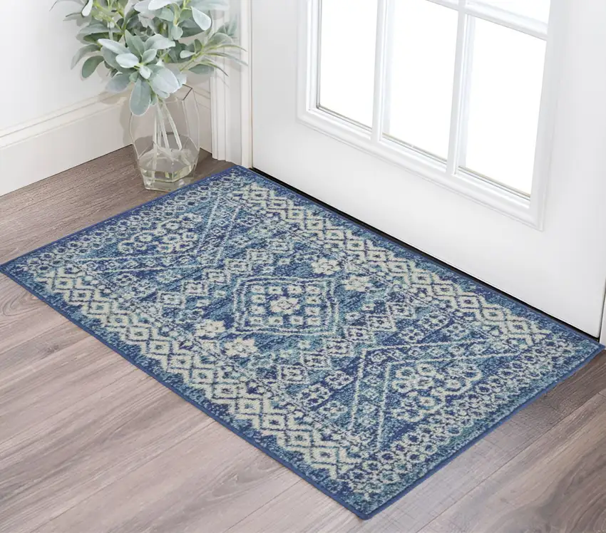 Navy Blue And Ivory Tribal Area Rug Photo 1