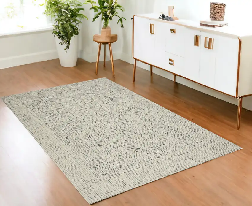 Navy Blue and Ivory Wool Abstract Area Rug Photo 1