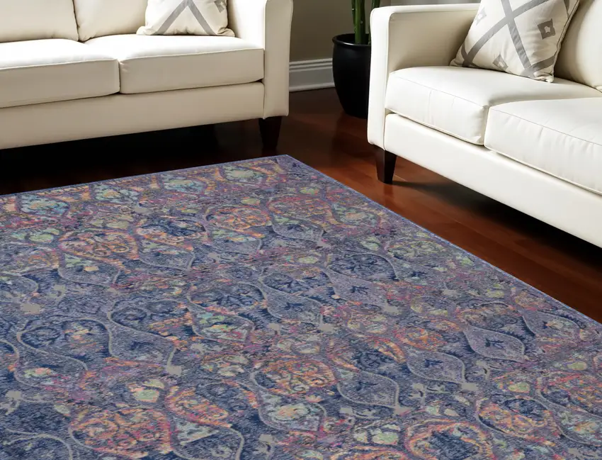 Navy Blue and Orange Ogee Distressed Non Skid Area Rug Photo 1