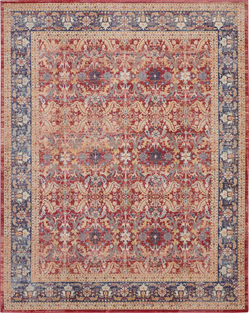 Navy Blue and Red Floral Distressed Non Skid Area Rug Photo 2