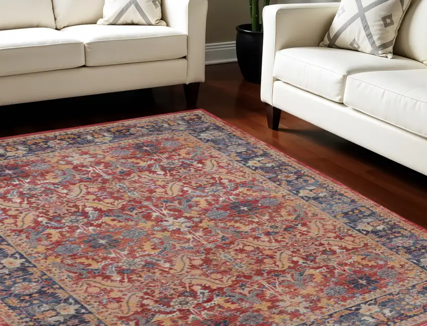 Navy Blue and Red Floral Distressed Non Skid Area Rug Photo 1
