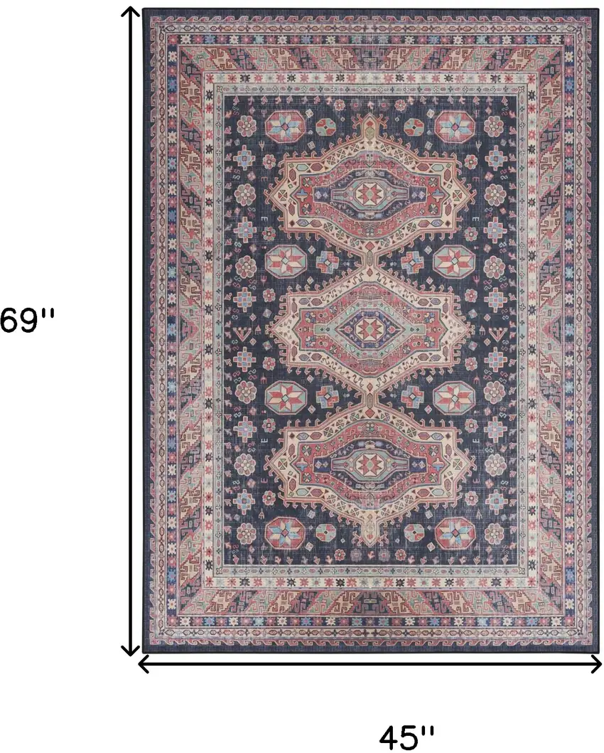 Navy Blue and Red Medallion Distressed Non Skid Area Rug Photo 3