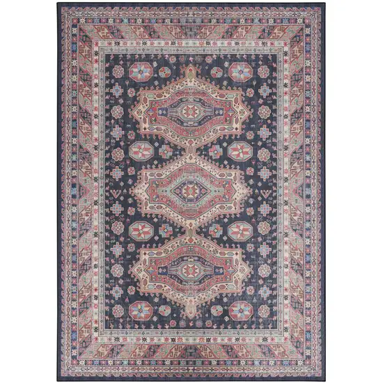 Navy Blue and Red Medallion Distressed Non Skid Area Rug Photo 9