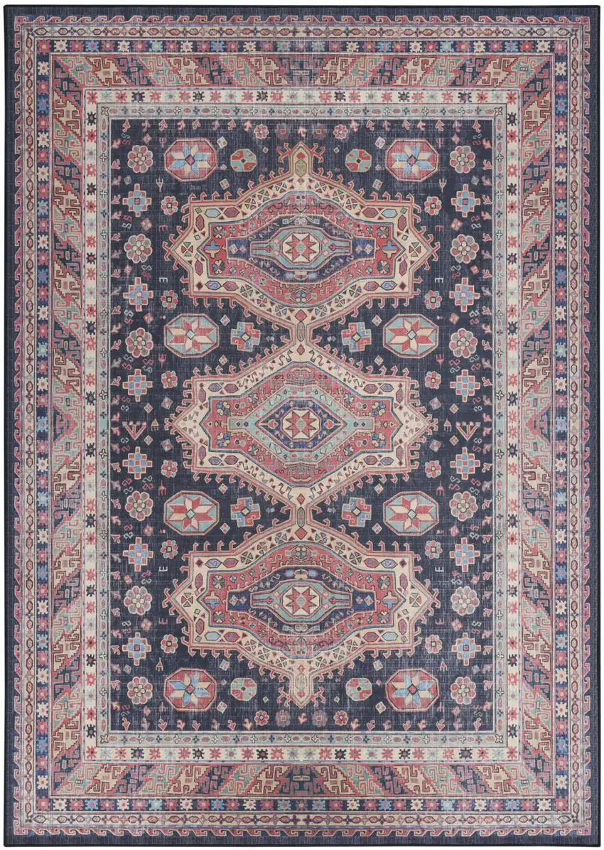 Navy Blue and Red Medallion Distressed Non Skid Area Rug Photo 9