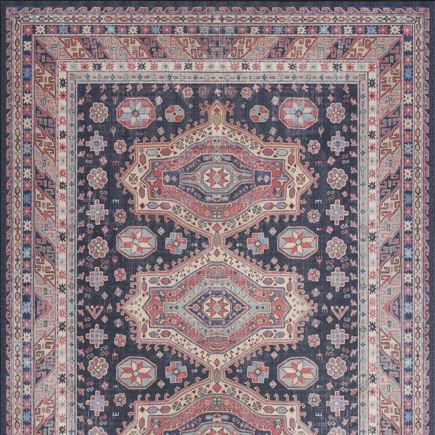 Navy Blue and Red Medallion Distressed Non Skid Area Rug Photo 8
