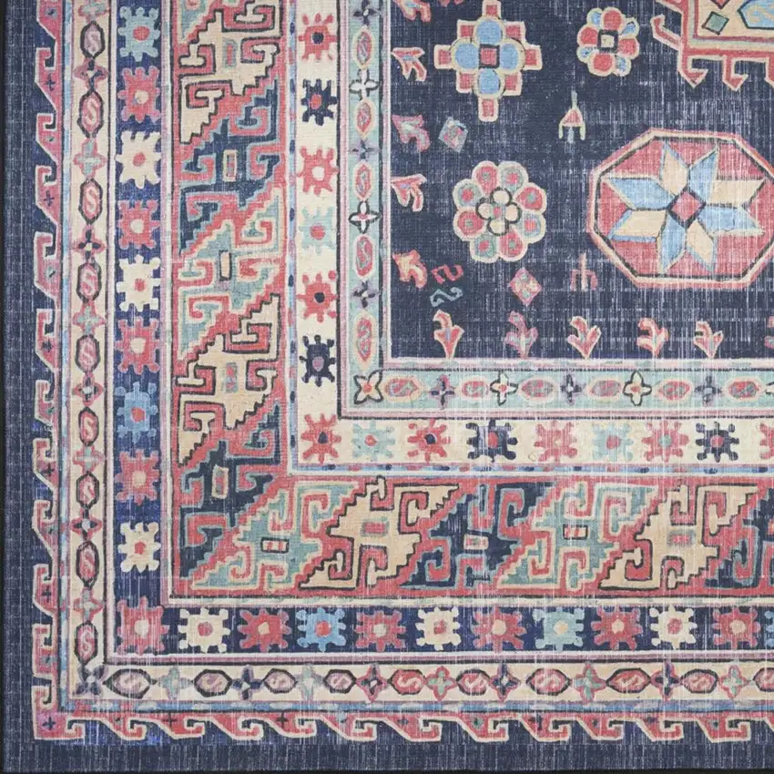 Navy Blue and Red Medallion Distressed Non Skid Area Rug Photo 4