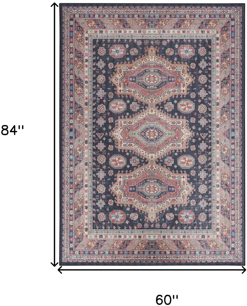Navy Blue and Red Medallion Distressed Non Skid Area Rug Photo 3