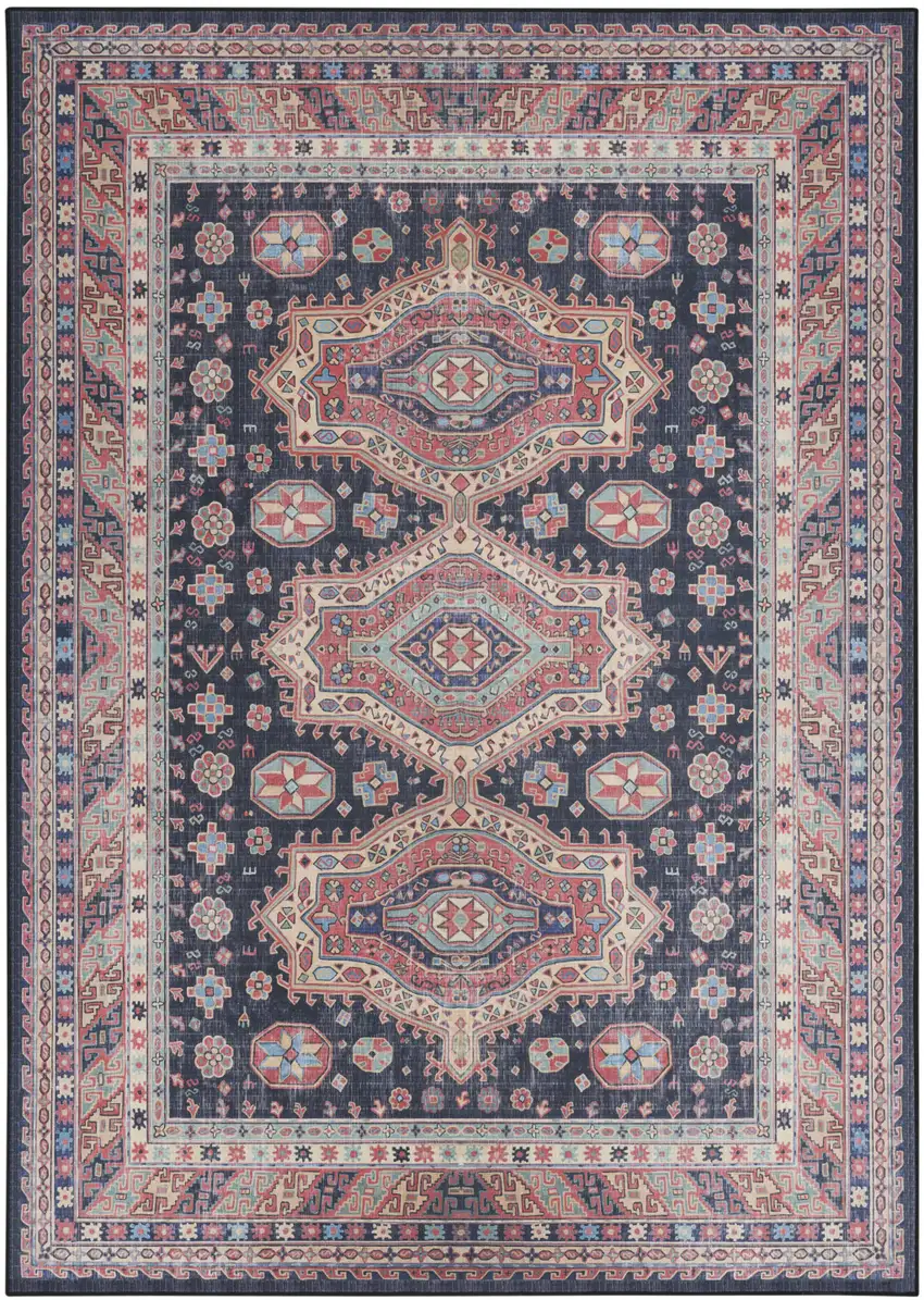 Navy Blue and Red Medallion Distressed Non Skid Area Rug Photo 2