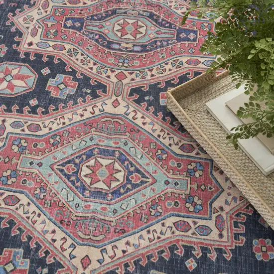 Navy Blue and Red Medallion Distressed Non Skid Area Rug Photo 8