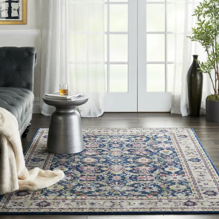 Navy Blue and Yellow Floral Distressed Non Skid Area Rug Photo 7