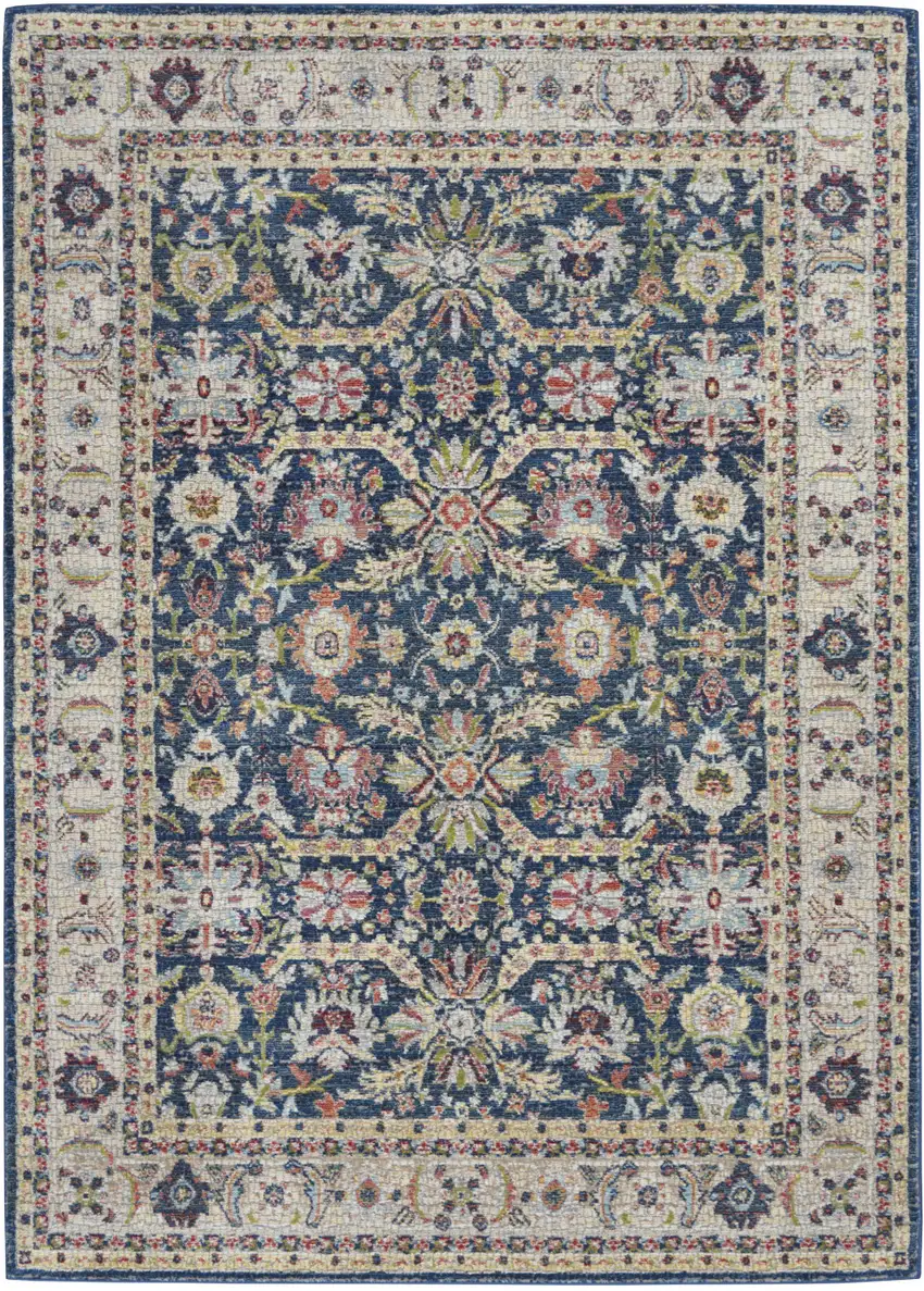 Navy Blue and Yellow Floral Distressed Non Skid Area Rug Photo 2