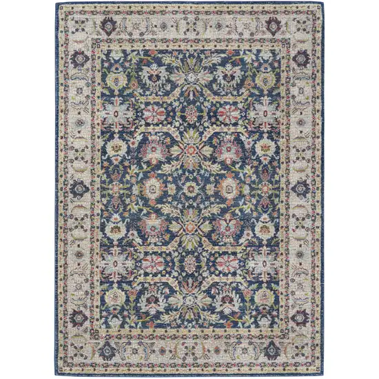Navy Blue and Yellow Floral Distressed Non Skid Area Rug Photo 1