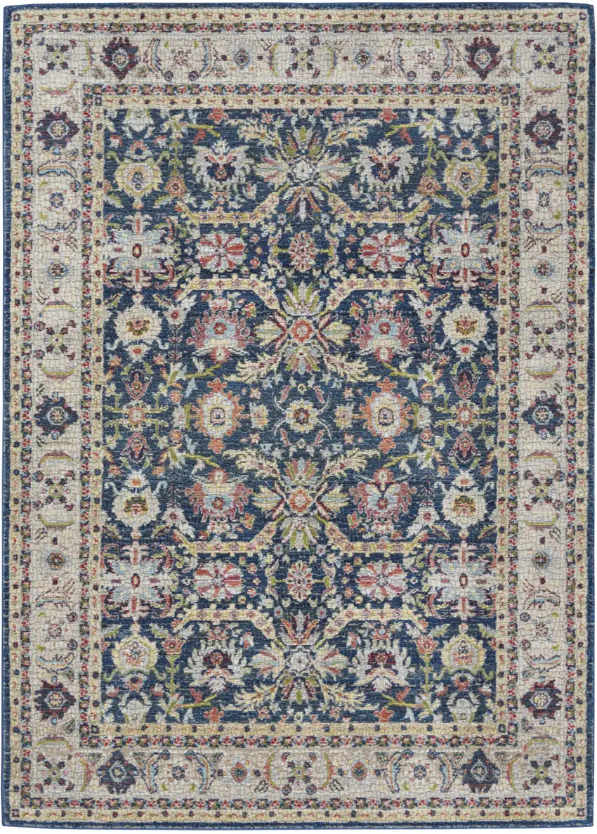 Navy Blue and Yellow Floral Distressed Non Skid Area Rug Photo 1