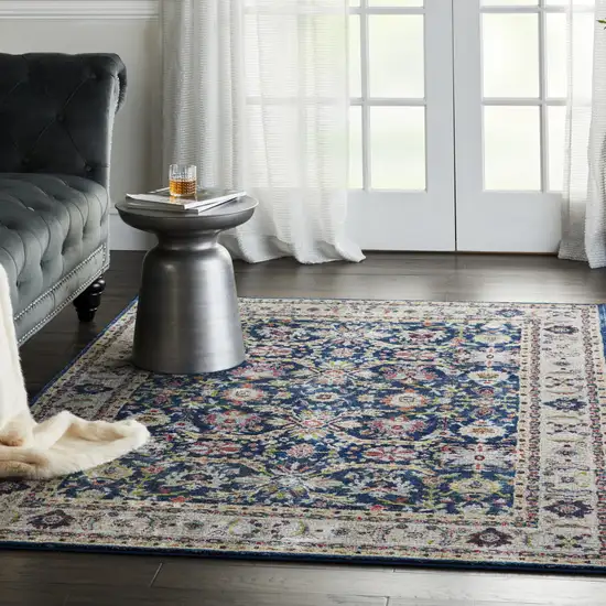 Navy Blue and Yellow Floral Distressed Non Skid Area Rug Photo 6