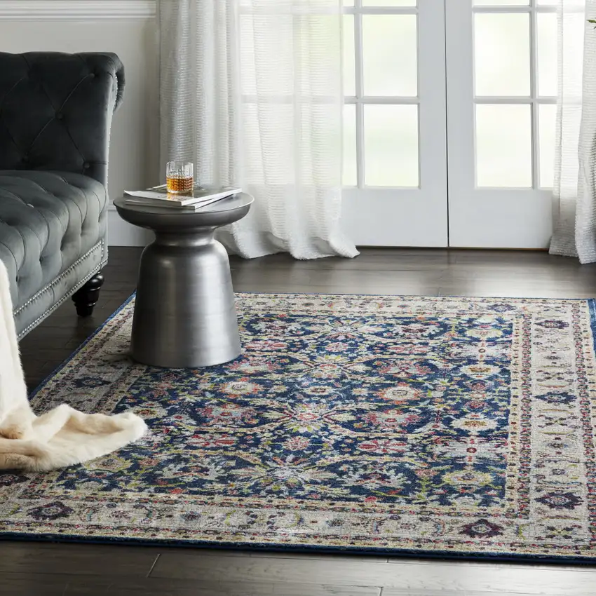 Navy Blue and Yellow Floral Distressed Non Skid Area Rug Photo 6