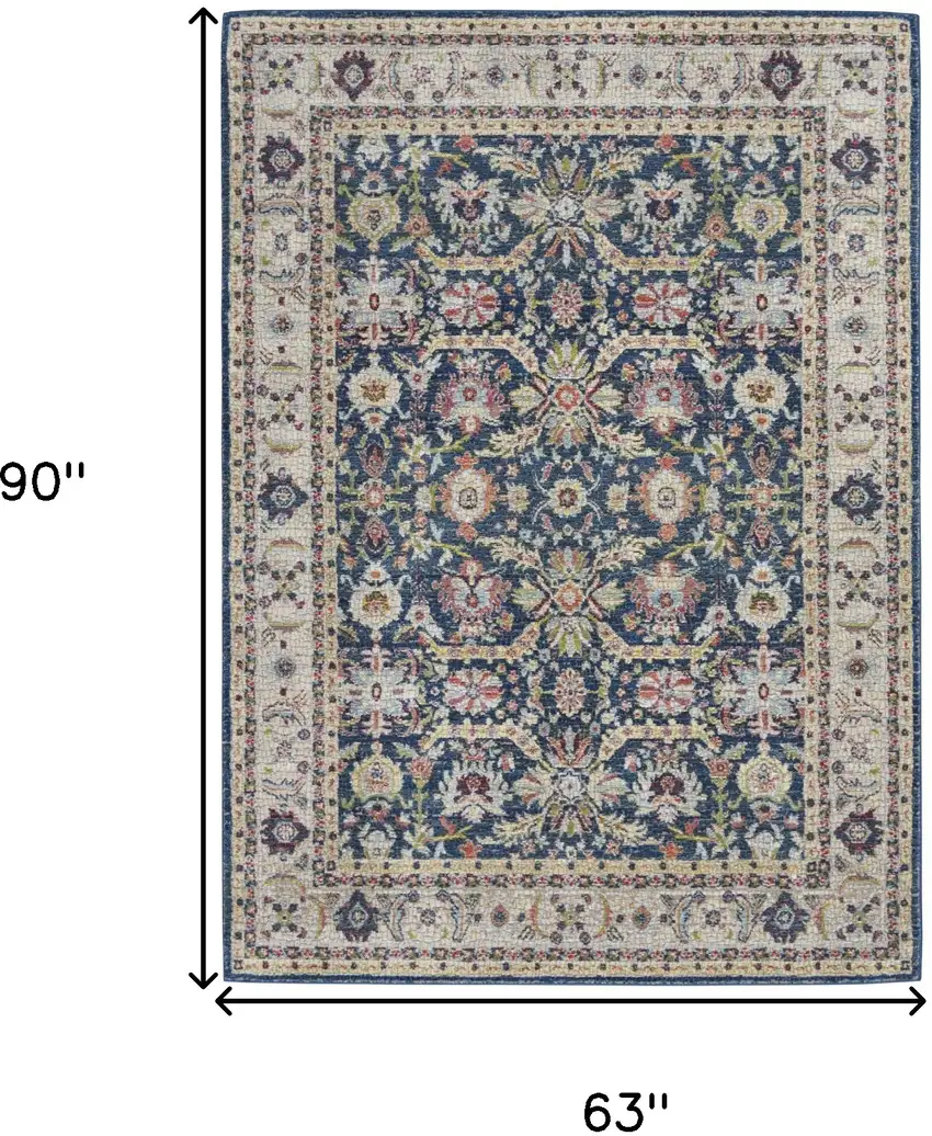 Navy Blue and Yellow Floral Distressed Non Skid Area Rug Photo 3