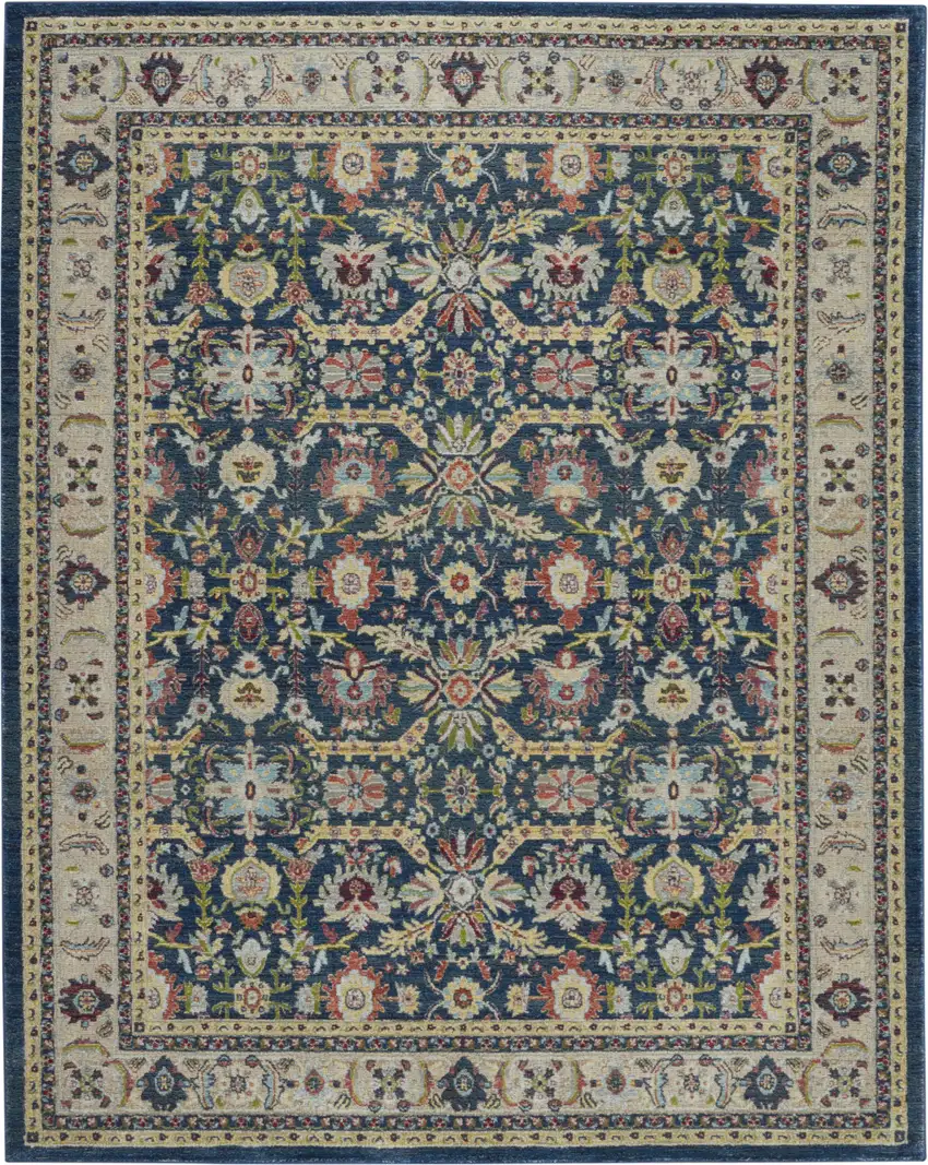 Navy Blue and Yellow Floral Distressed Non Skid Area Rug Photo 2
