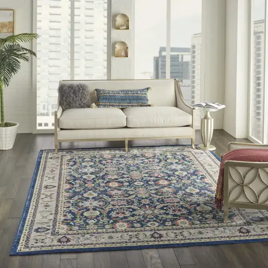 Navy Blue and Yellow Floral Distressed Non Skid Area Rug Photo 6