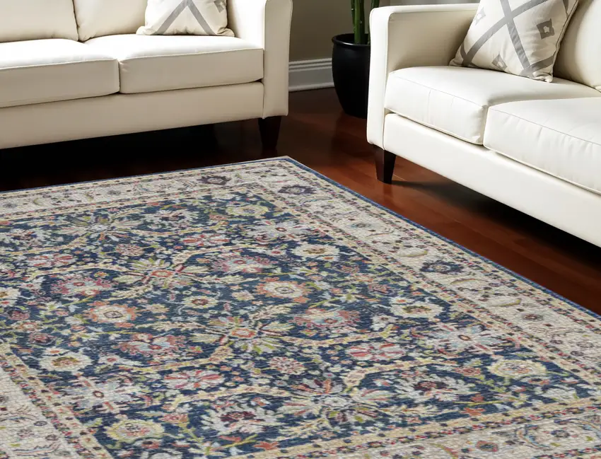 Navy Blue and Yellow Floral Distressed Non Skid Area Rug Photo 1