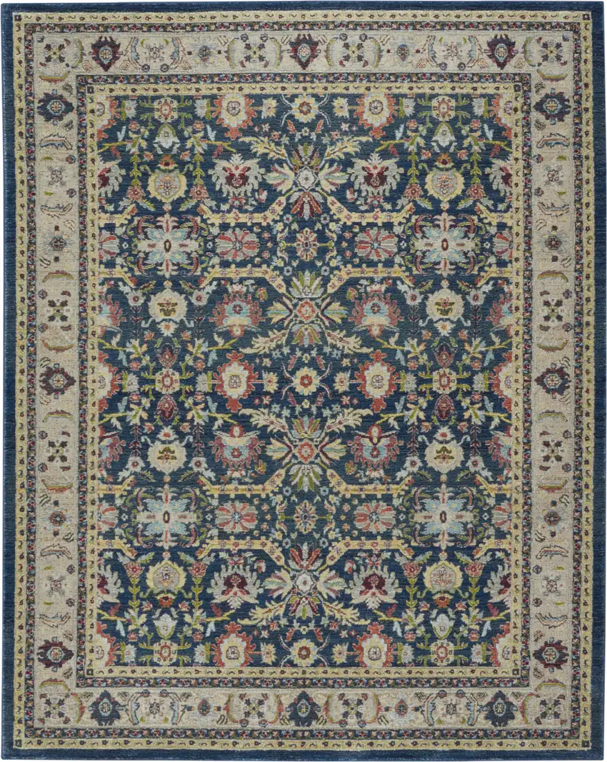 Navy Blue and Yellow Floral Distressed Non Skid Area Rug Photo 5