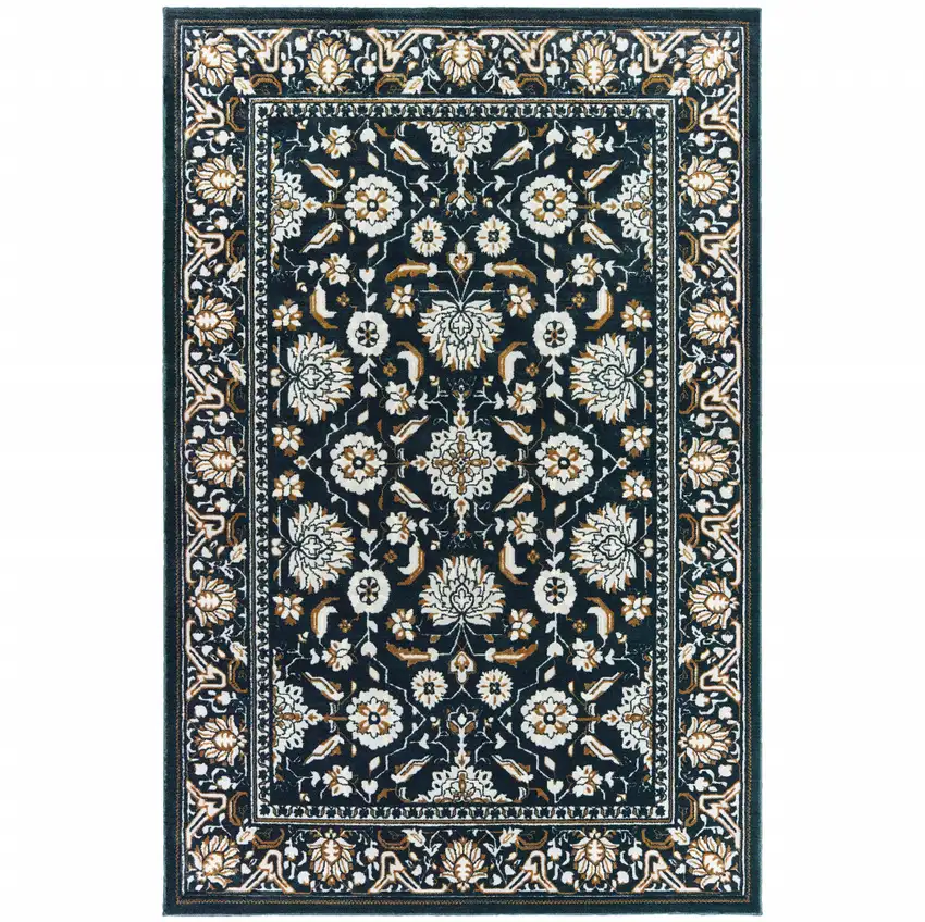 Navy Caramel And Ivory Oriental Power Loom Stain Resistant Area Rug Photo 1