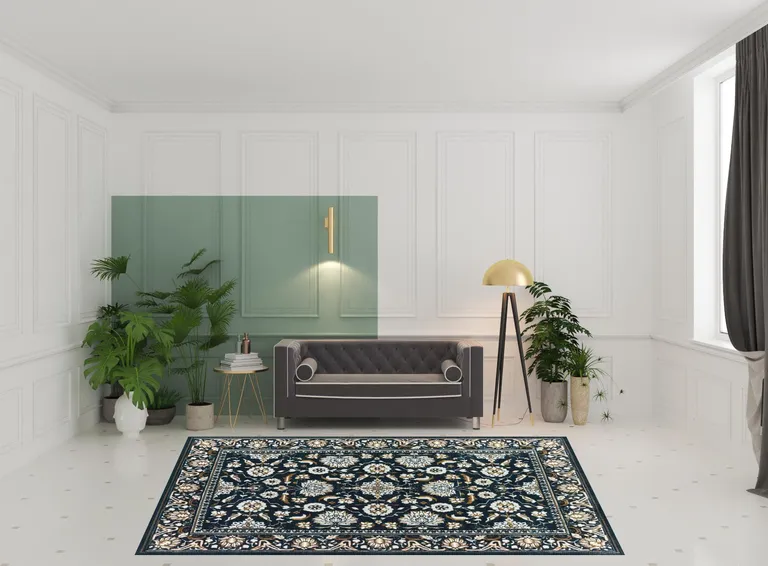 Navy Caramel And Ivory Oriental Power Loom Stain Resistant Area Rug Photo 2