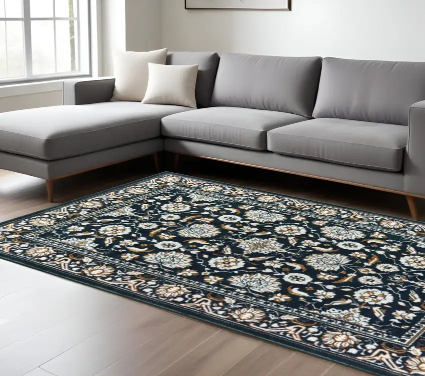 Blue and Ivory Oriental Power Loom Area Rug Photo 1