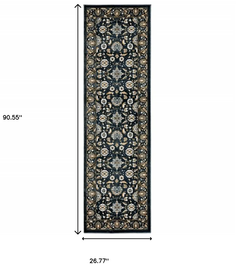 Navy Caramel And Ivory Oriental Power Loom Stain Resistant Runner Rug Photo 5