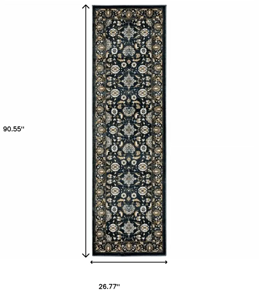Navy Caramel And Ivory Oriental Power Loom Stain Resistant Runner Rug Photo 6