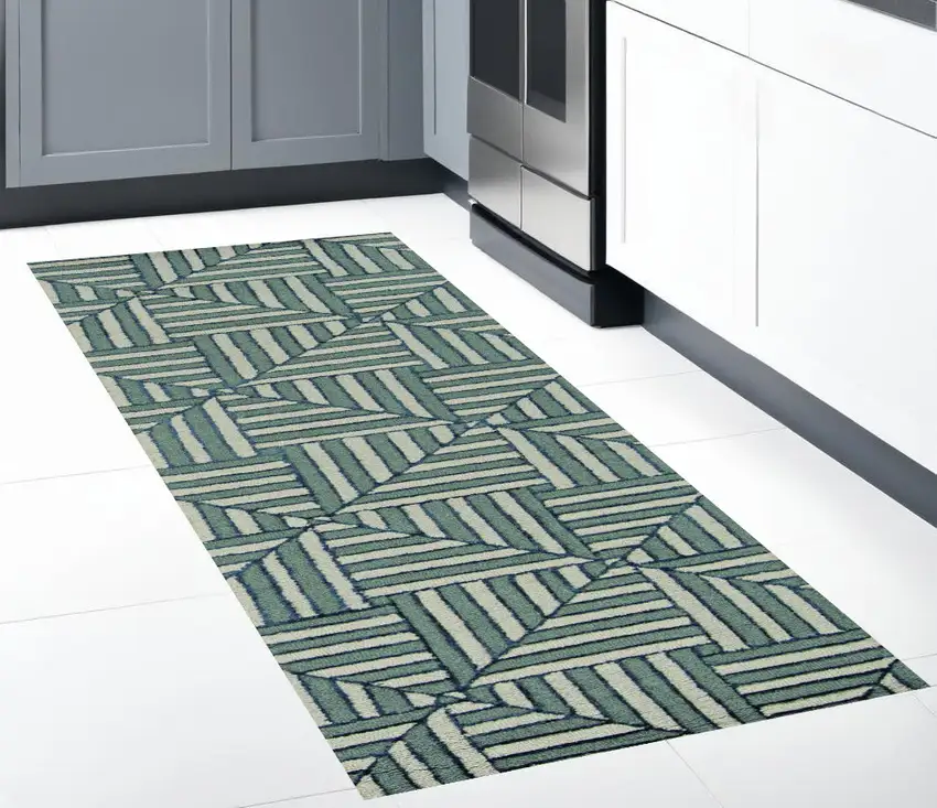 8' Navy Charcoal Hand Tufted Geometric Diamond Pattern Indoor Runner Rug Photo 2
