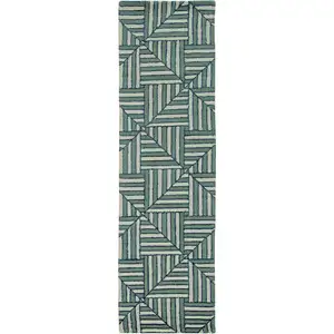 Photo of Navy Charcoal Hand Tufted Geometric Diamond Pattern Indoor Runner Rug