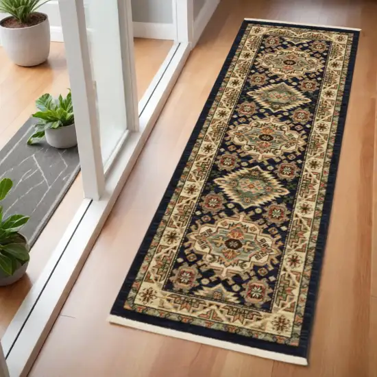 6' Blue and Beige Oriental Power Loom Runner Rug Photo 1